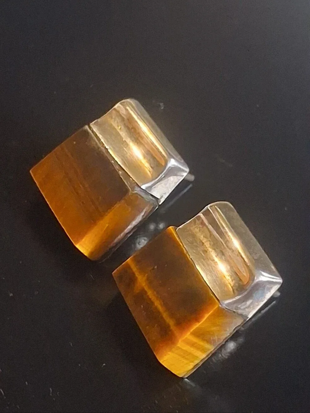 Vintage Mexican Sterling Silver Tigers Eye Earrings Hecho En Mexico Modernist